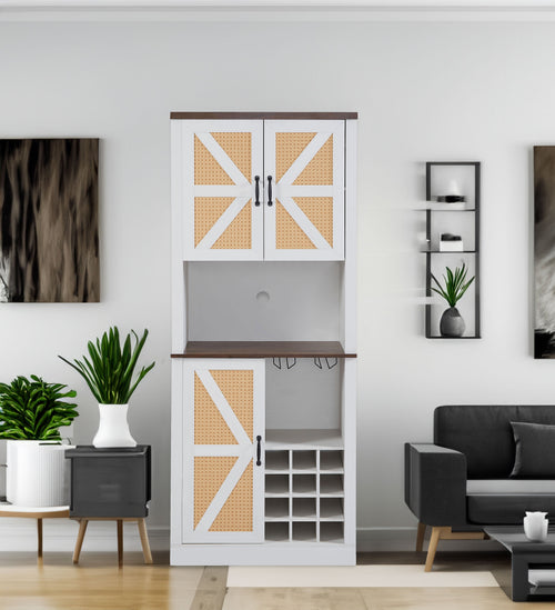 76 Inch Tall Farmhouse Kitchen Faux Rattan Wine Cabinet, Kitchen Bar Cabinet with Square Compartments and Shelves eprolo