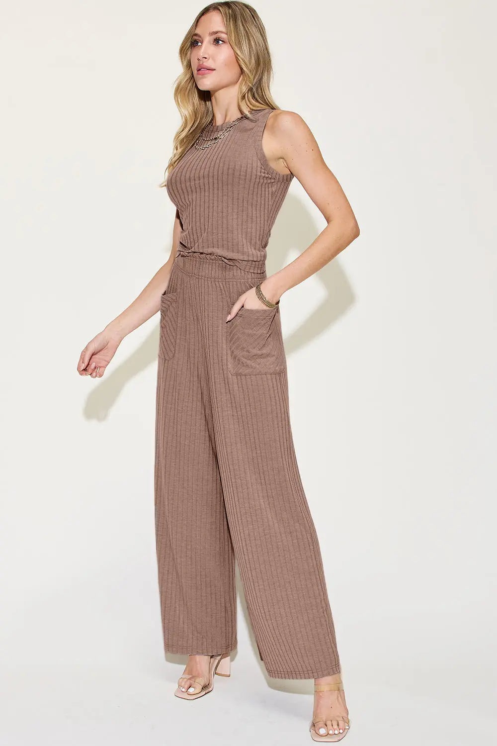 Ribbed Tank & Wide-Leg Pants Two-Piece Set - Whispering Desires Shoppe