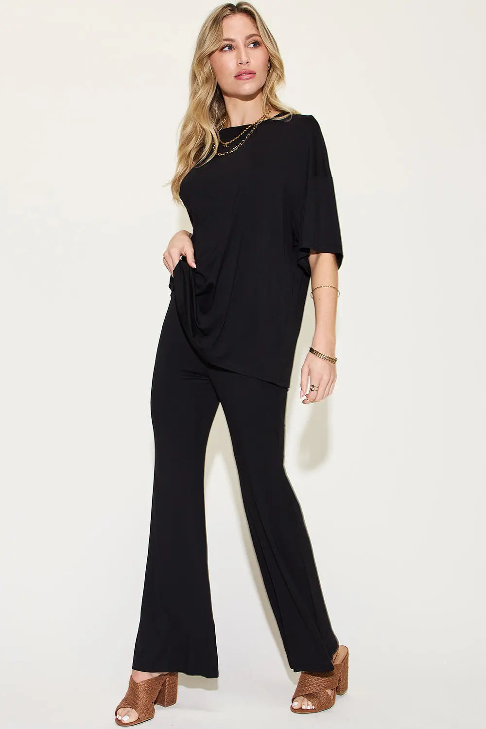 Basic Bae Full Size Bamboo Drop Shoulder T-Shirt and Flare Pants Set - Whispering Desires Shoppe