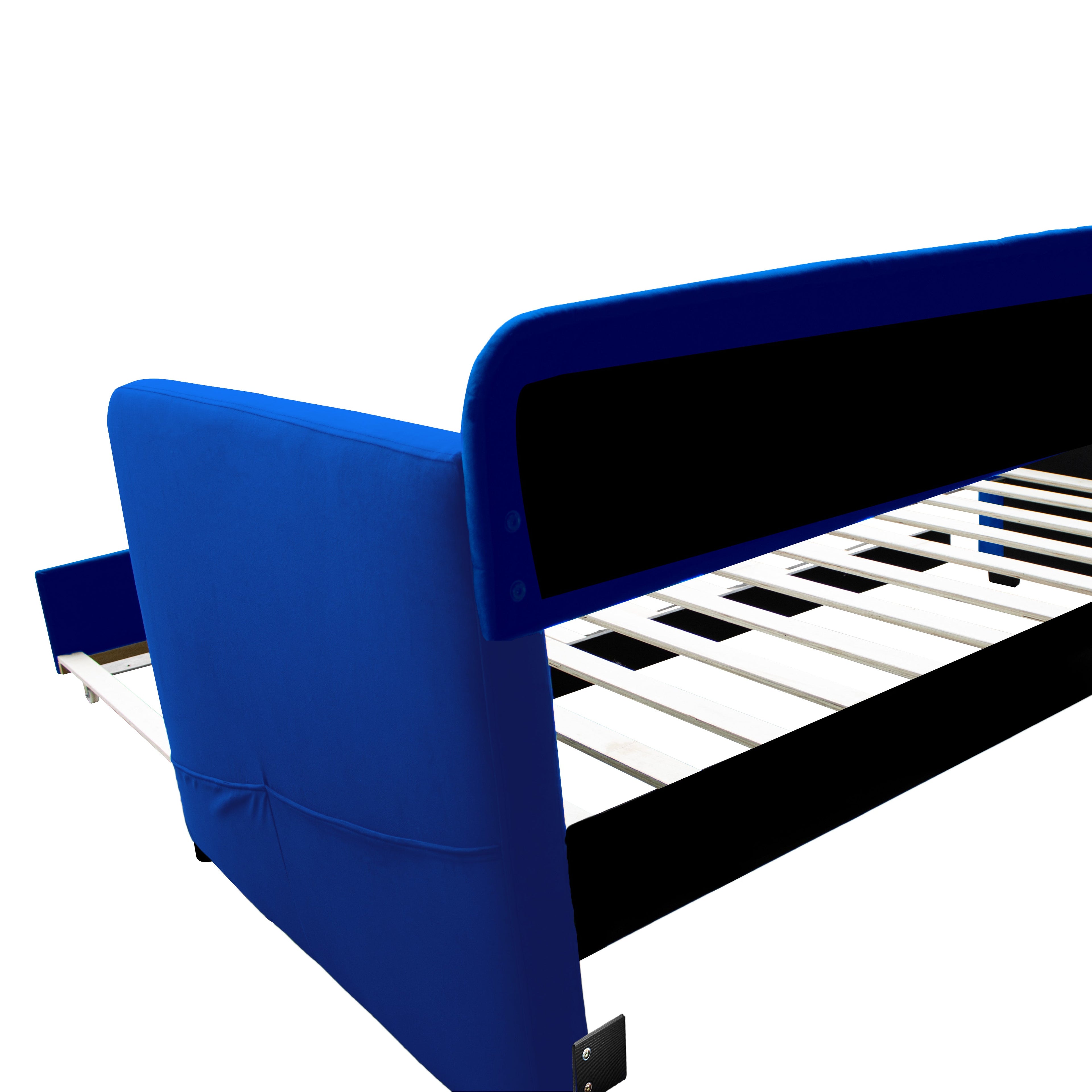 Blue padded twin beds with wheels, velvet fabric, no need for springs eprolo