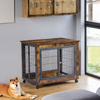 Furniture Style Dog Crate Side Table on Wheels with Double Doors and Lift Top. Rustic Brown, 31.50'' W x 22.05'' D x 25'' H. eprolo