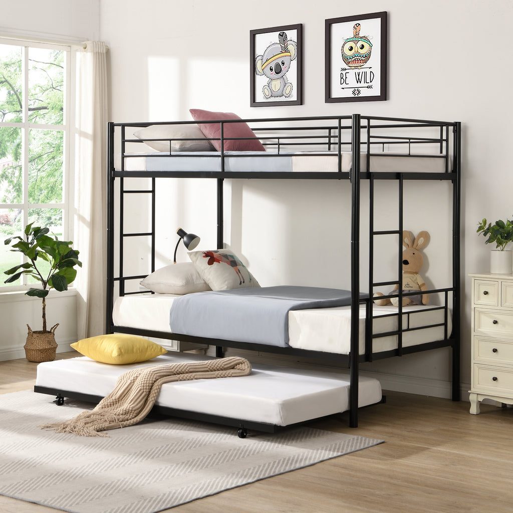 Twin bunk bed frame with trailer, metal bunk bed with sturdy guardrail and side ladder, can be divided into two beds, black eprolo