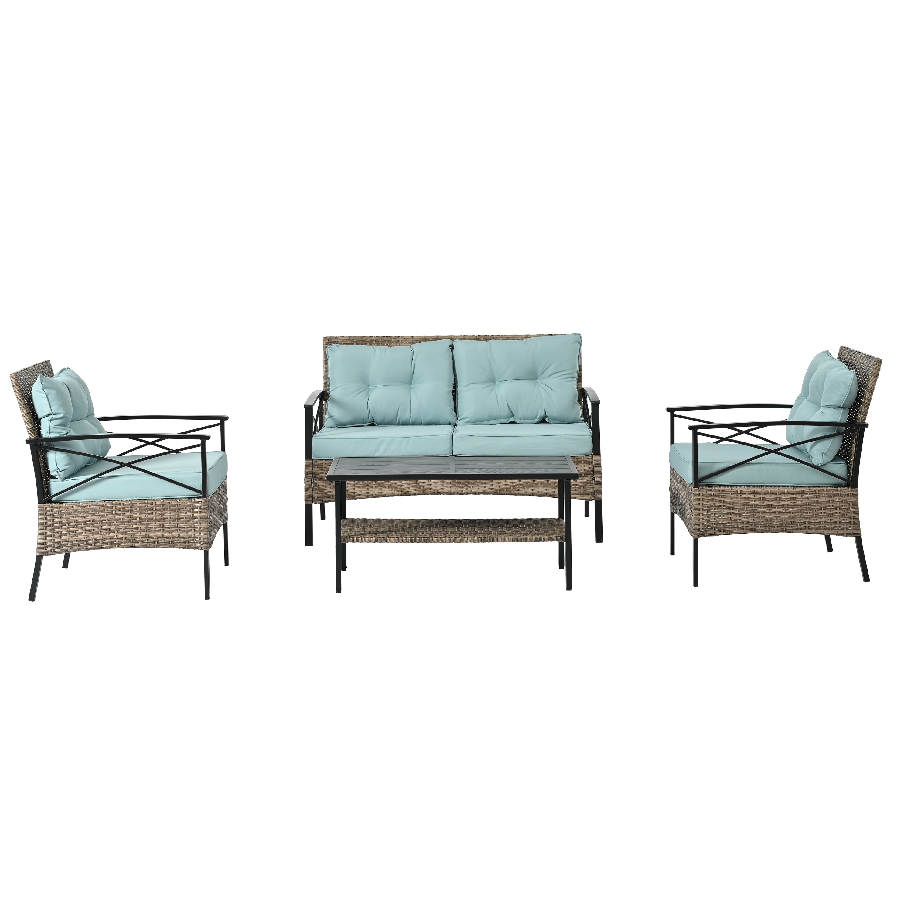 Patio Furniture, Outdoor Furniture, Seasonal PE Wicker Furniture, Four Set Wicker Furniture With Black Metal Table eprolo