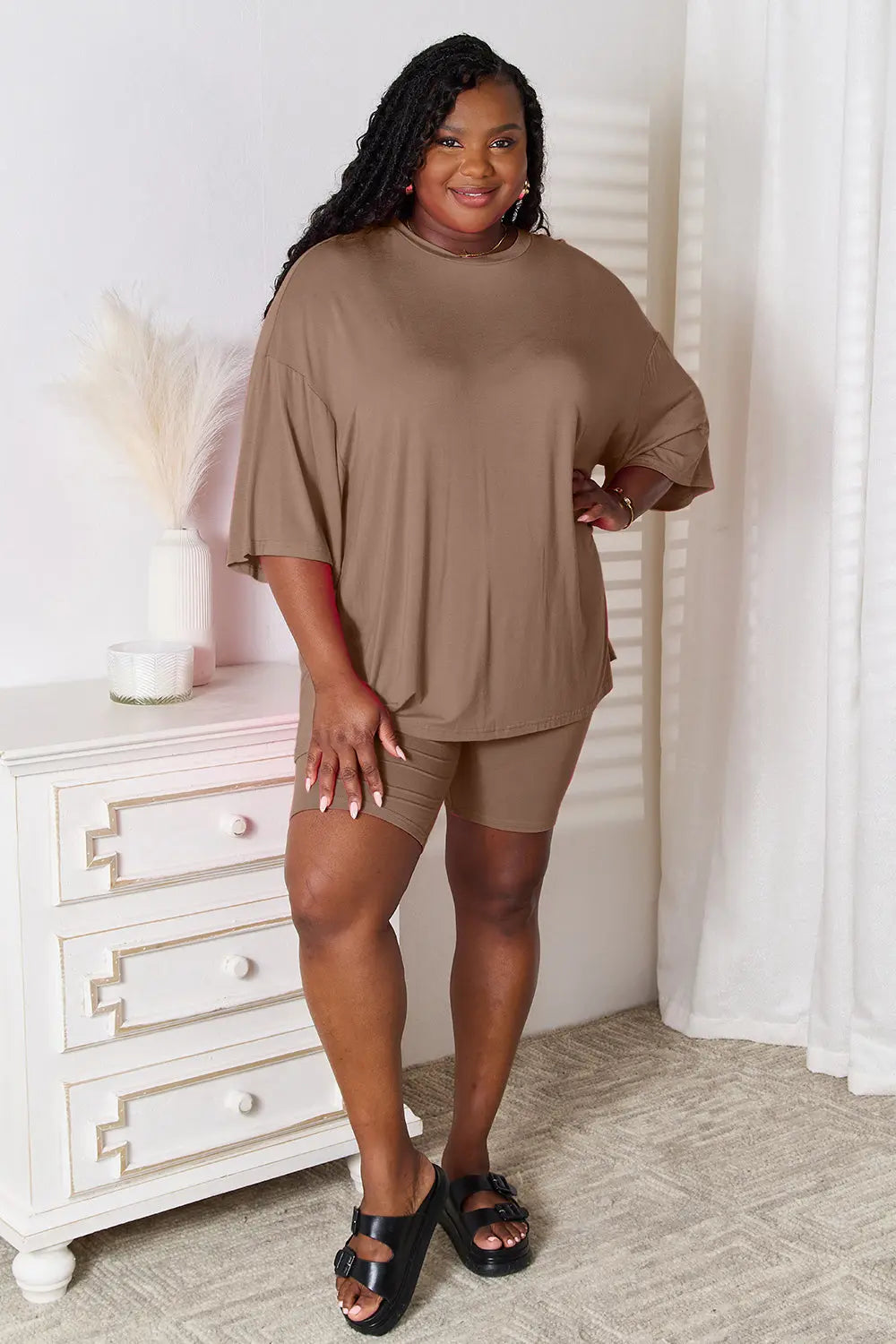 Basic Bae Soft Rayon 3/4 Sleeve Top & Shorts Set - Whispering Desires Shoppe
