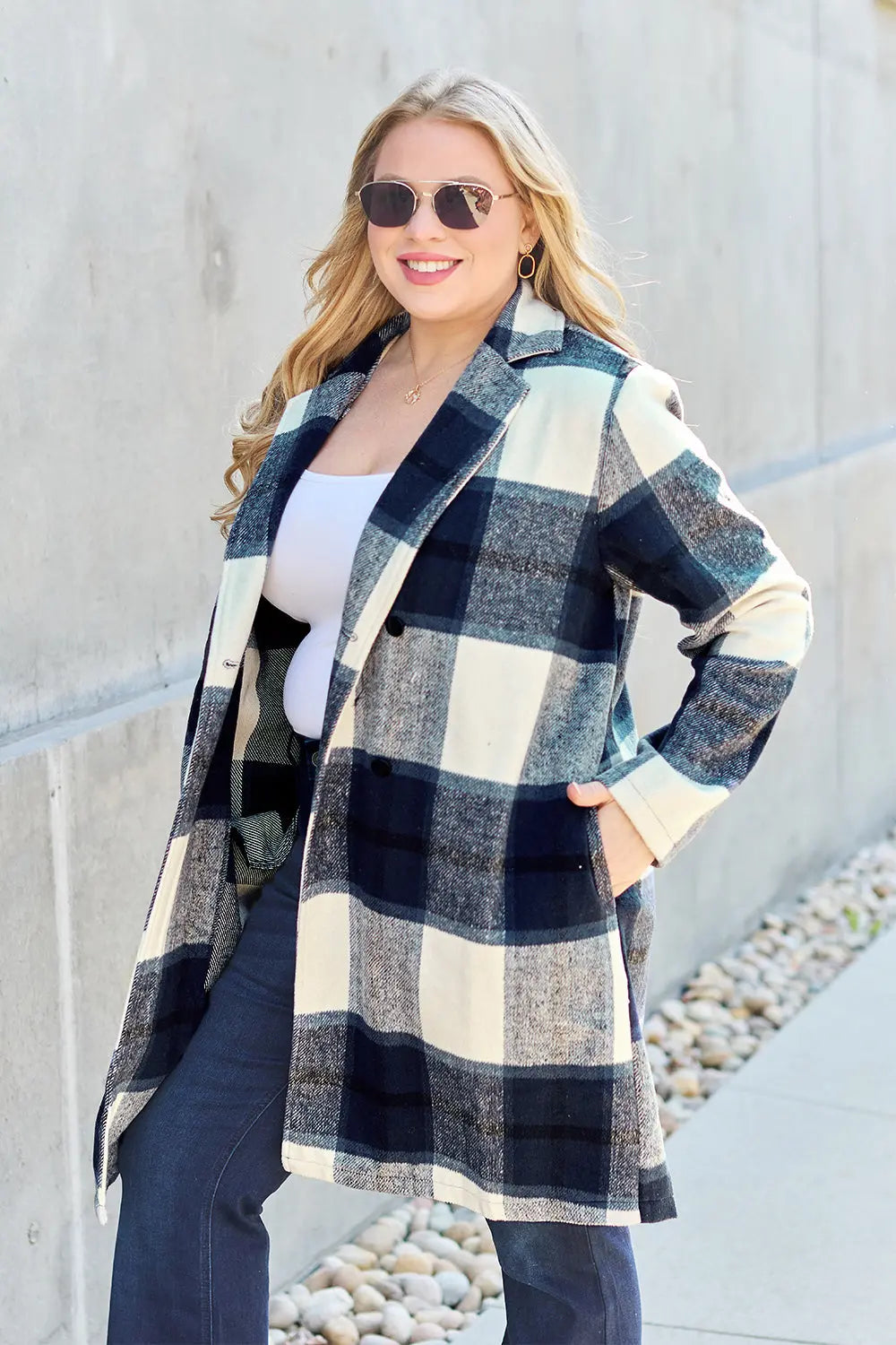 Double Take Full-Size Plaid Lapel Coat - Whispering Desires Shoppe