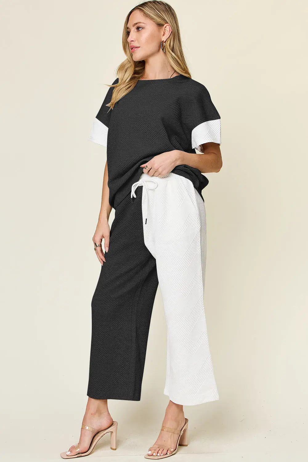 Double Take Texture Contrast Two-Piece Set — Wide Leg - Whispering Desires Shoppe