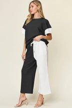 Double Take Texture Contrast Two-Piece Set — Wide Leg - Whispering Desires Shoppe