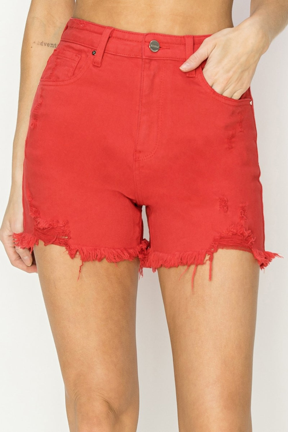 RISEN High-Rise Distressed Denim Shorts - Whispering Desires Shoppe