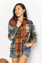 Double Take Plaid Curved-Hem Shirt Jacket - Whispering Desires Shoppe