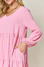 Double Take V-Neck Balloon Sleeve Tiered Dress w/ Pockets - Whispering Desires Shoppe