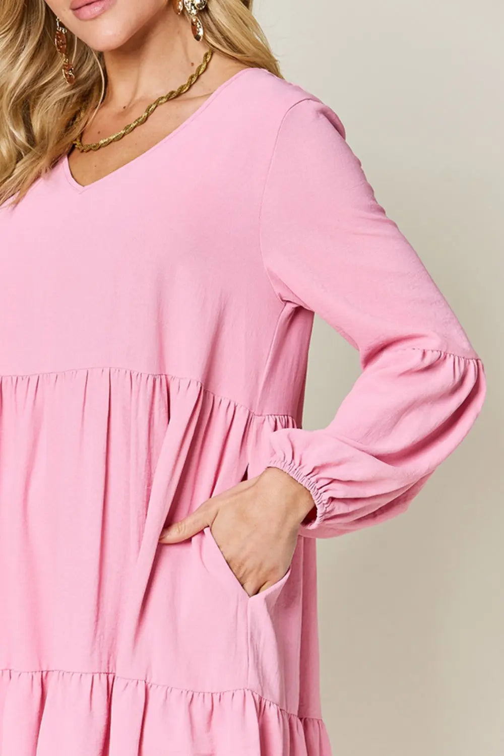 Double Take V-Neck Balloon Sleeve Tiered Dress w/ Pockets - Whispering Desires Shoppe