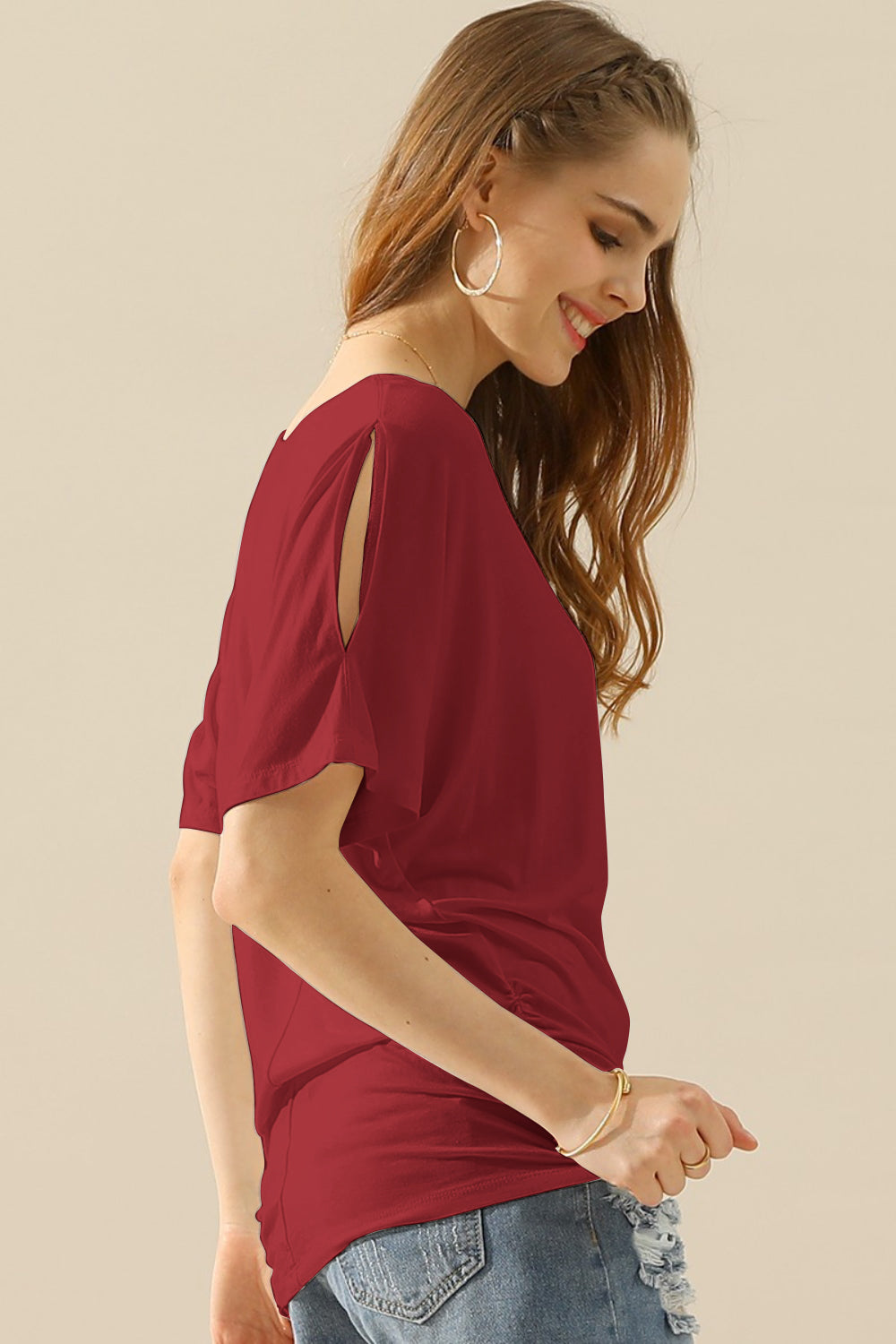 Ninexis Boat Neck Short Sleeve Ruched Side Top - Whispering Desires Shoppe