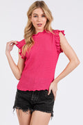 Ces Femme Texture Mock Neck Ruffle Cap Sleeve Blouse - Whispering Desires Shoppe