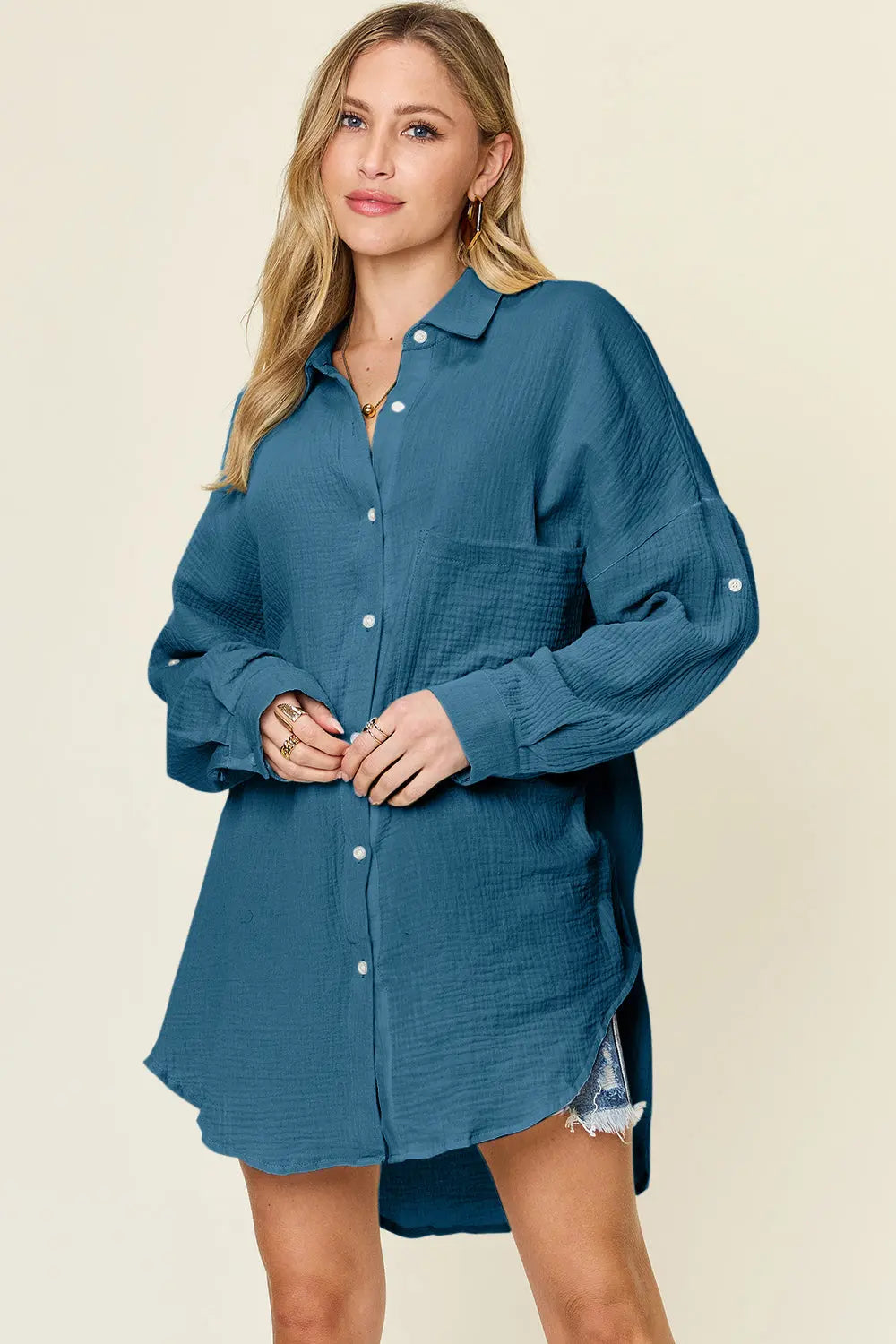 Double Take Textured Cotton Button-Up Shirt - Whispering Desires Shoppe
