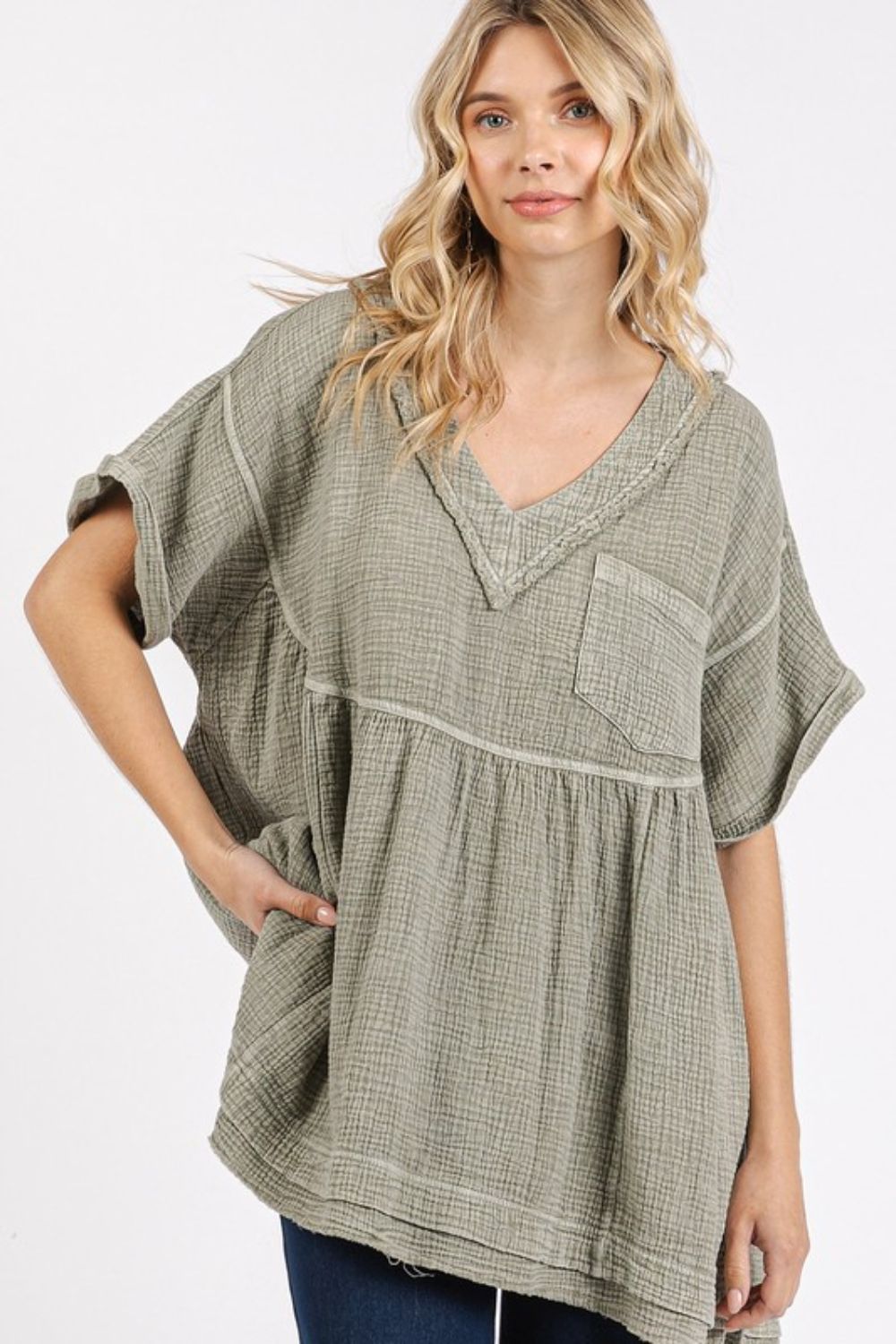 Mittoshop Mineral Wash Gauze Babydoll V-Neck Oversized Blouse - Whispering Desires Shoppe