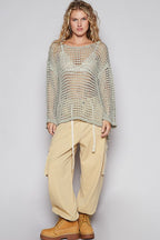 POL Side Slit Openwork Long Sleeve Knit Cover Up - Whispering Desires Shoppe