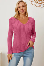 Basic Bae Ribbed V-Neck Long Sleeve Tee - Whispering Desires Shoppe