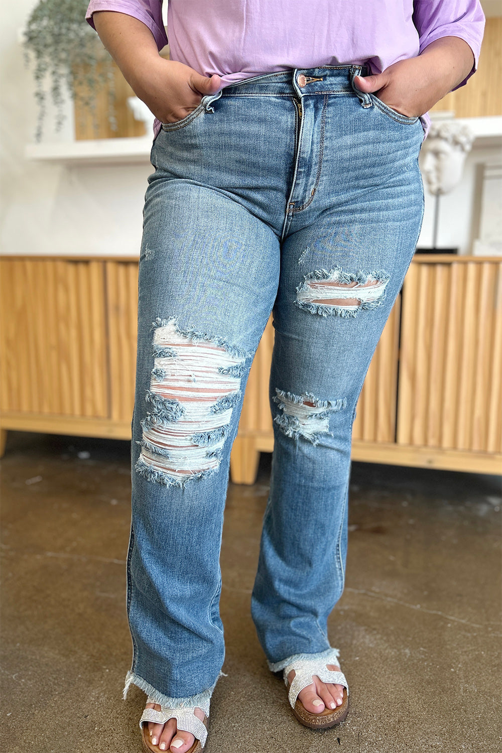 Judy Blue Distressed Raw-Hem Bootcut Jeans - Whispering Desires Shoppe