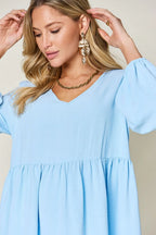 Double Take V-Neck Balloon Sleeve Tiered Dress w/ Pockets - Whispering Desires Shoppe