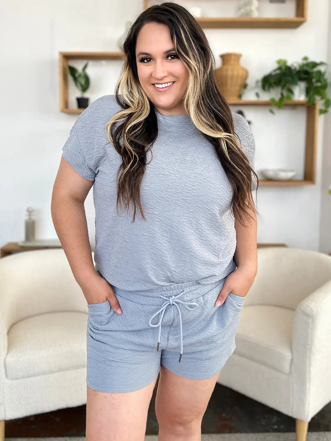 Double Take Textured Tee & Drawstring Shorts Set - Whispering Desires Shoppe