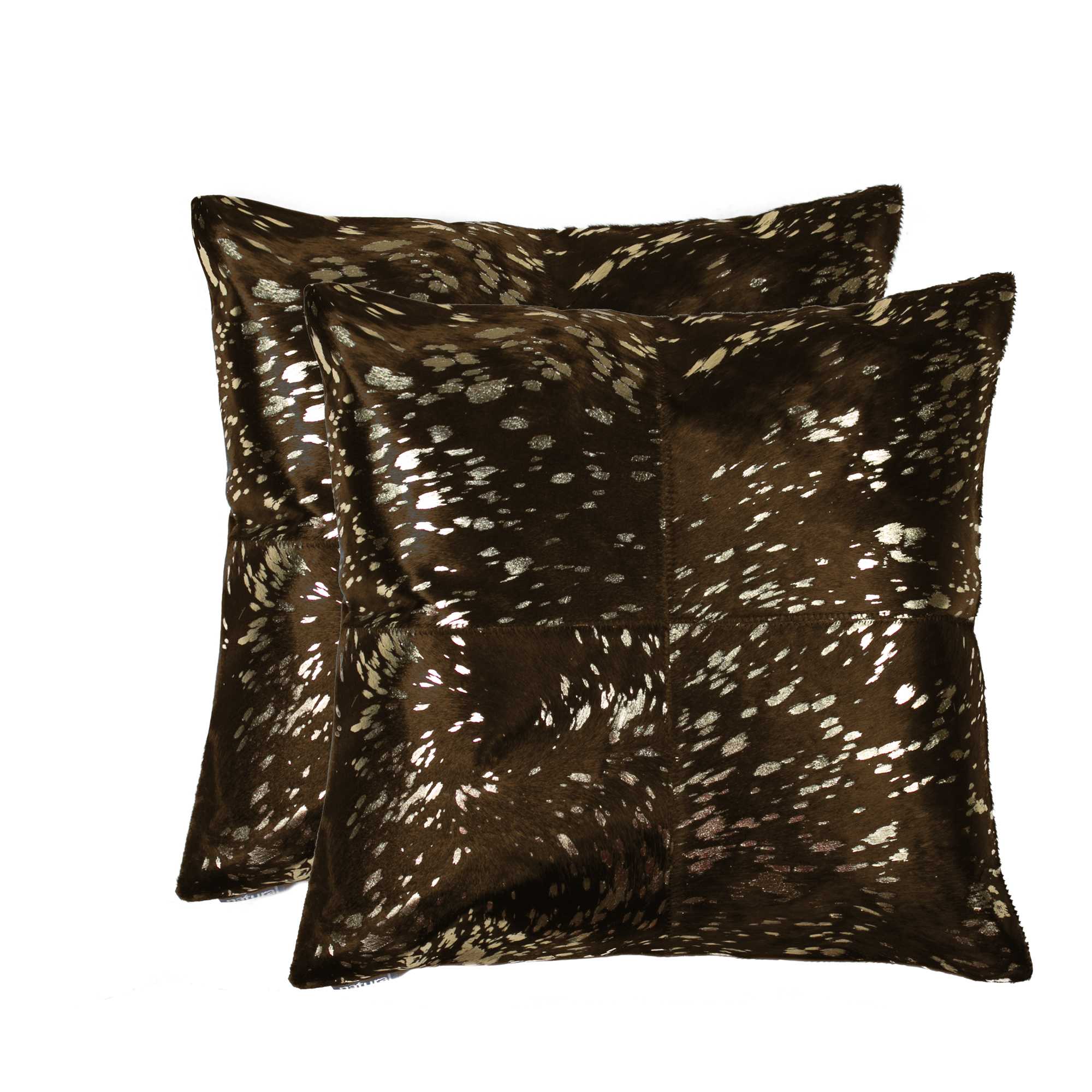 Two brown patterned pillows on a white background