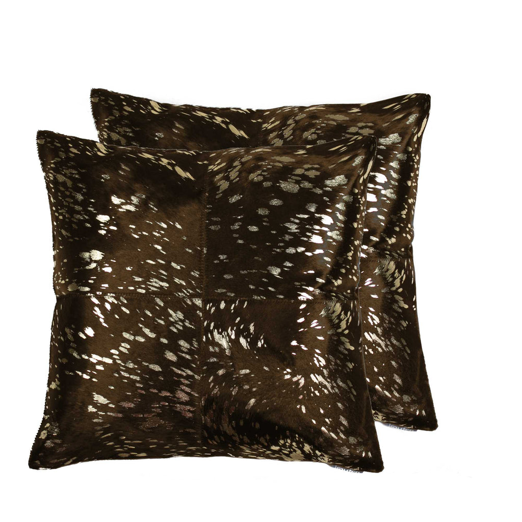 Two brown decorative pillows with a speckled pattern on a white background
