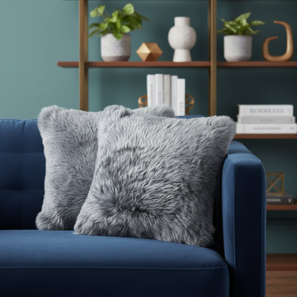 Gray fluffy pillows on a blue couch with a bookshelf in the background