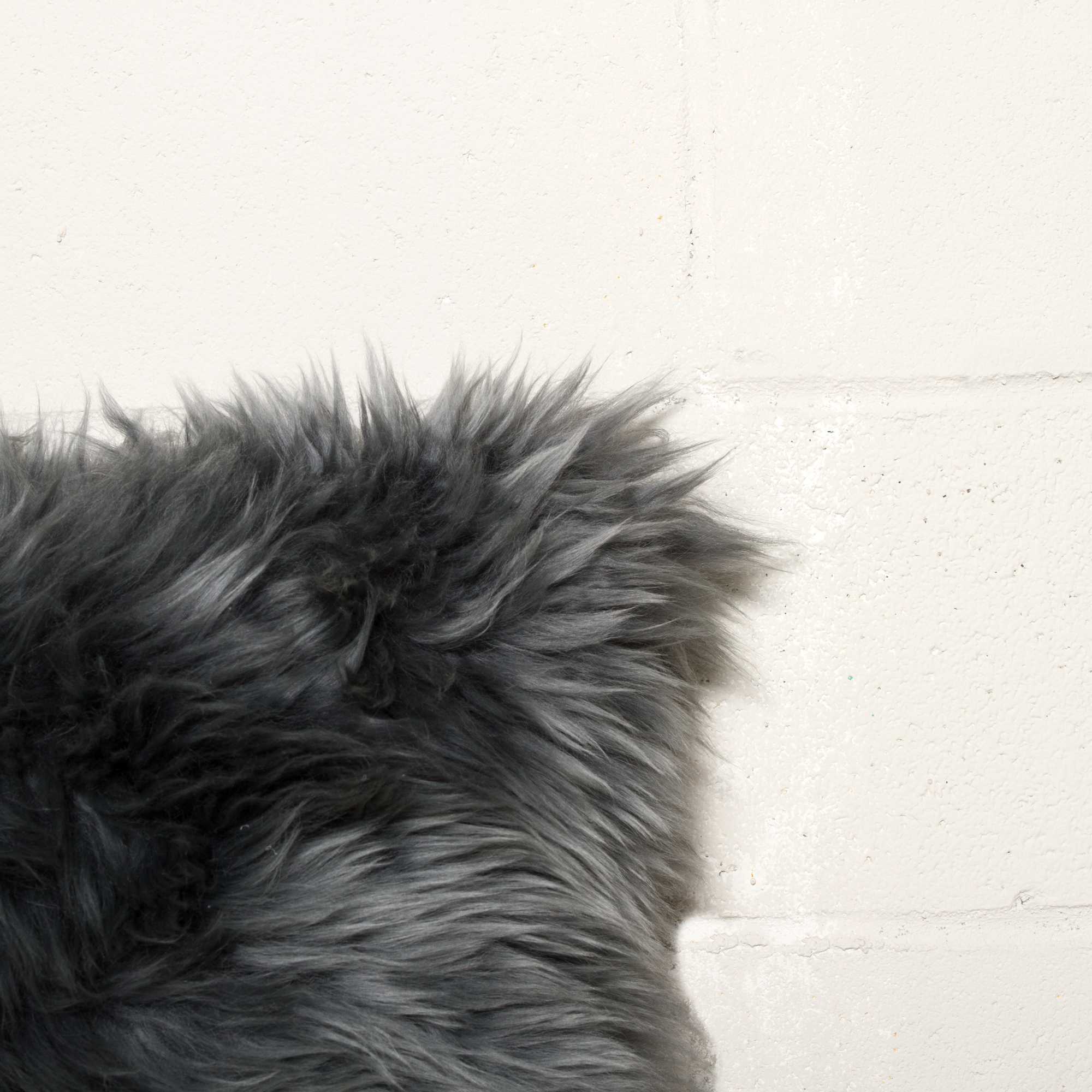 Close-up of a dark gray fluffy rug on a light wooden floor.