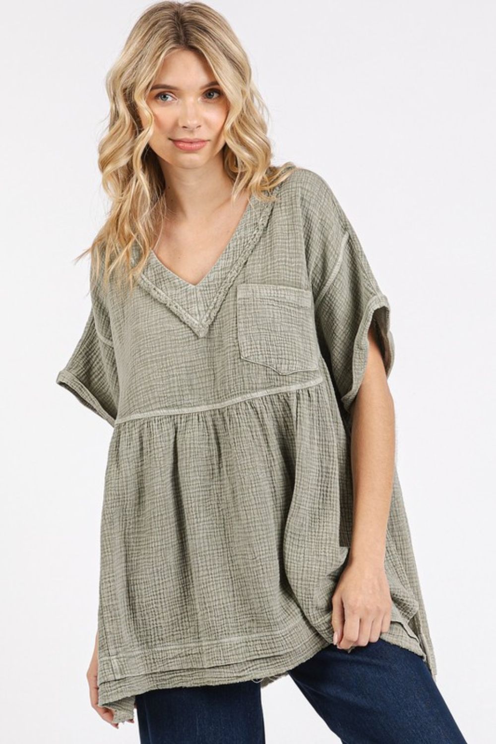 Mittoshop Mineral Wash Gauze Babydoll V-Neck Oversized Blouse - Whispering Desires Shoppe