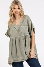 Mittoshop Mineral Wash Gauze Babydoll V-Neck Oversized Blouse - Whispering Desires Shoppe