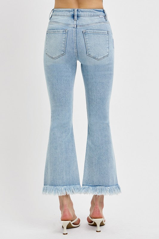 RISEN Full Size Raw Hem Distressed Cropped Flare Jeans Plus Size - Whispering Desires Shoppe