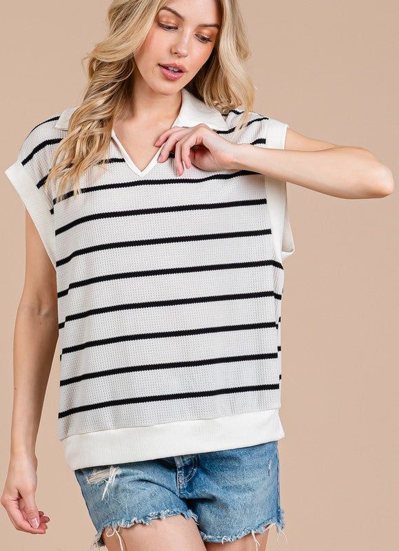 Ces Femme Collared Neck Contrast Striped Sweater Vest - Whispering Desires Shoppe
