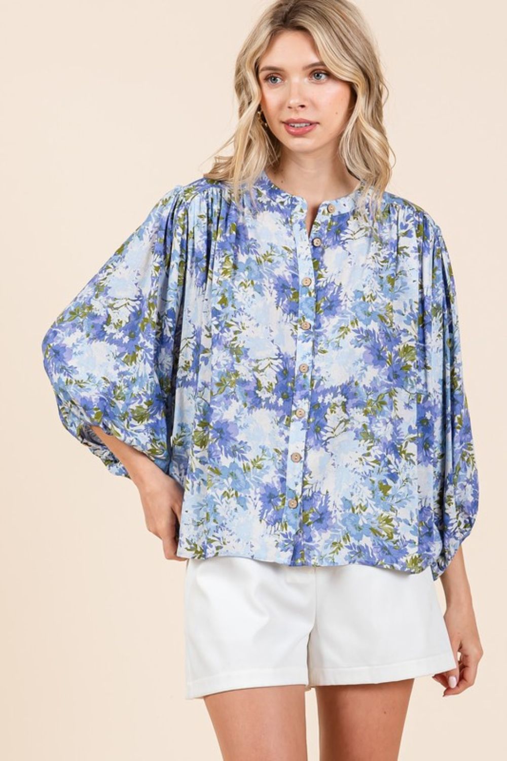 Mittoshop Flower Print Batwing Sleeve Button Down Blouse - Whispering Desires Shoppe