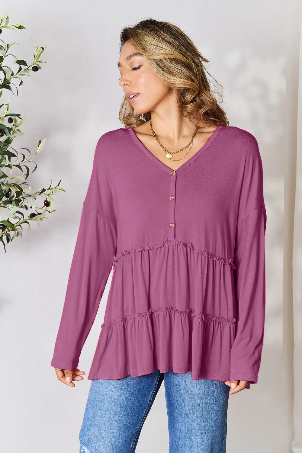 Double Take Ruffle-Hem Button Blouse - Whispering Desires Shoppe