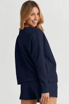 Double Take Textured Long Sleeve Top & Shorts Set - Whispering Desires Shoppe