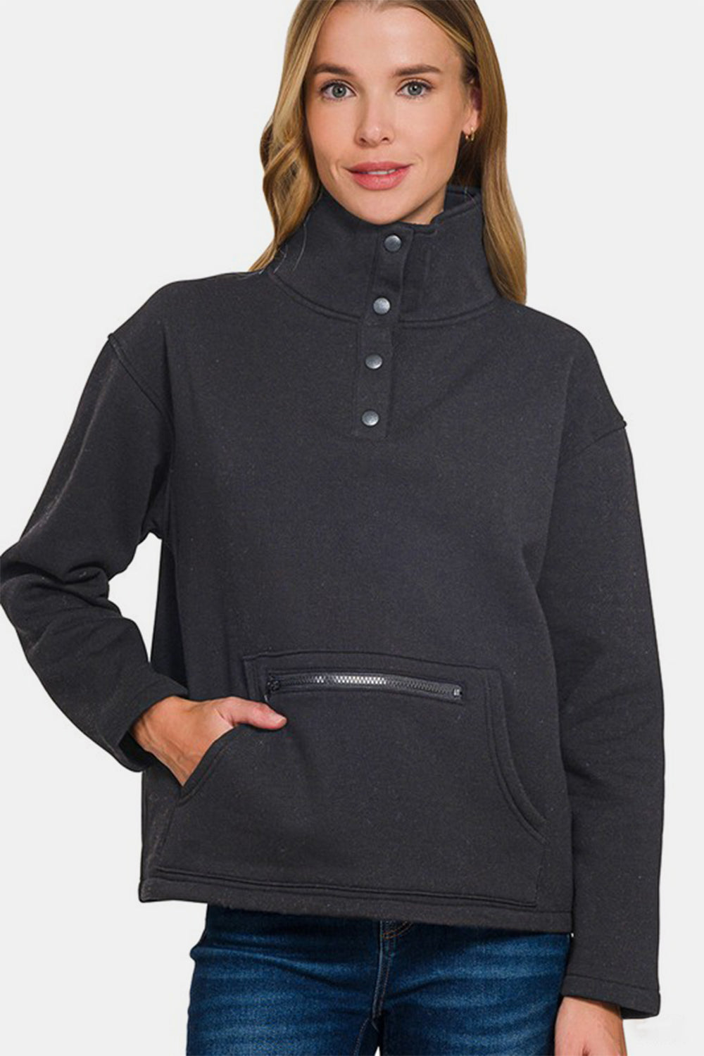Zenana Turtleneck Half Snap Fleece Sweatshirt - Whispering Desires Shoppe