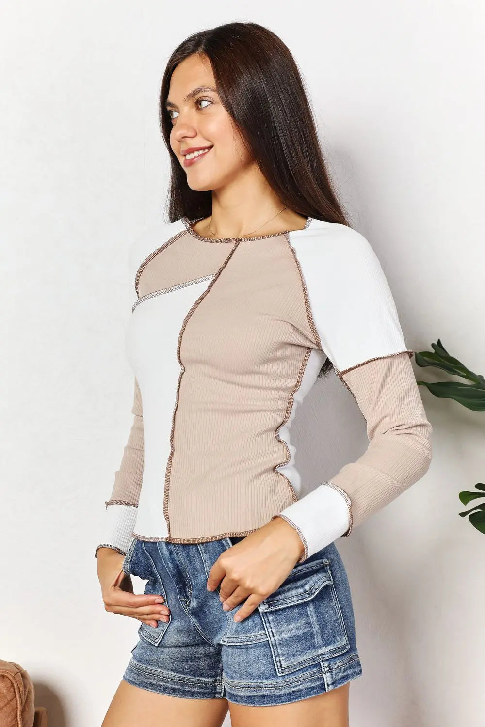 Double Take Colorblock Ribbed Exposed-Seam Top - Whispering Desires Shoppe