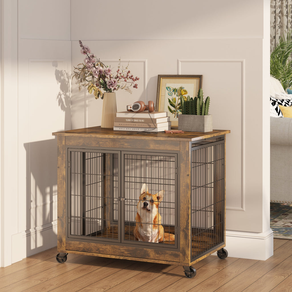 Furniture Style Dog Crate Side Table on Wheels with Double Doors and Lift Top. Rustic Brown, 31.50'' W x 22.05'' D x 25'' H. eprolo