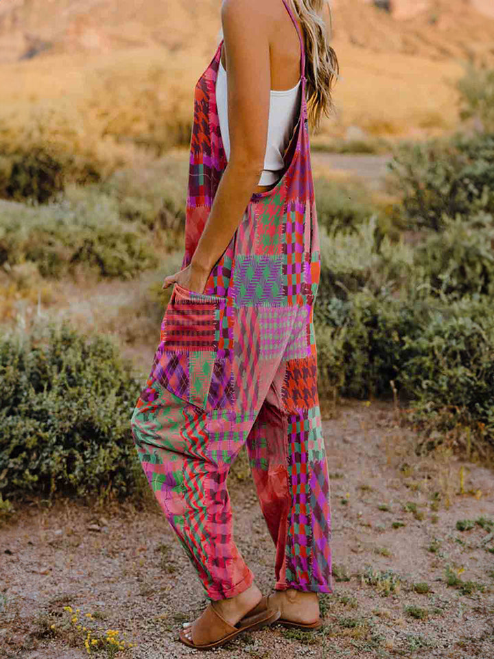 Full-Size Printed V-Neck Sleeveless Jumpsuit with Pockets - Whispering Desires Shoppe