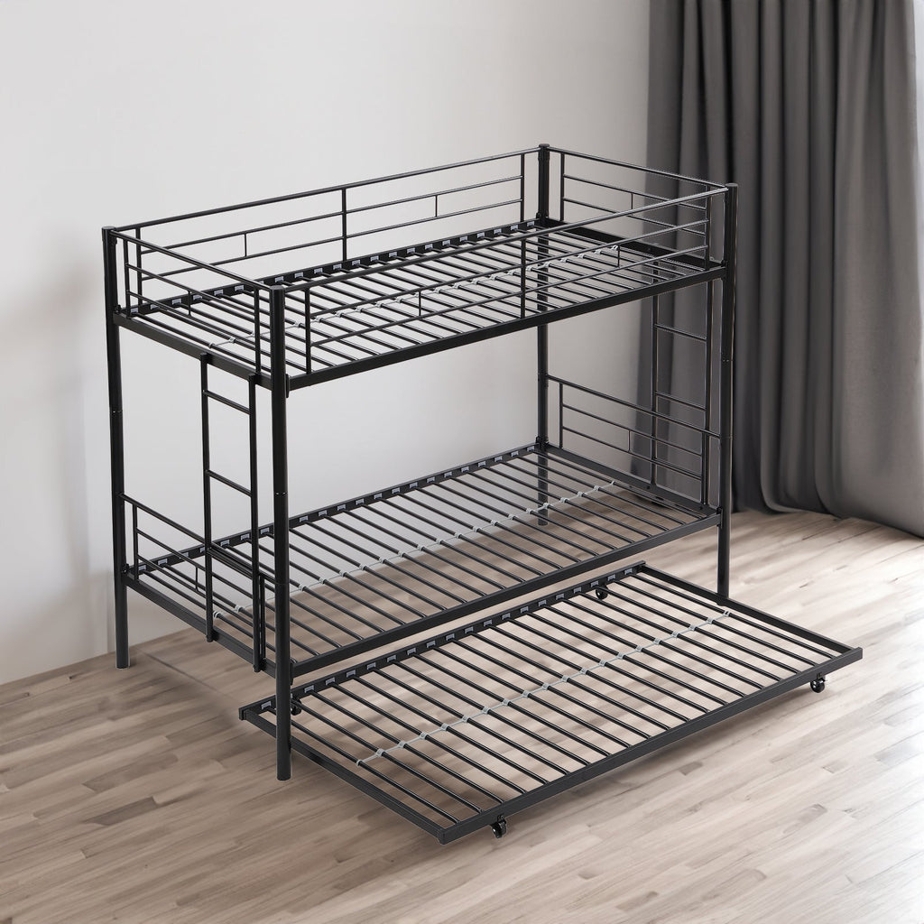 Twin bunk bed frame with trailer, metal bunk bed with sturdy guardrail and side ladder, can be divided into two beds, black eprolo
