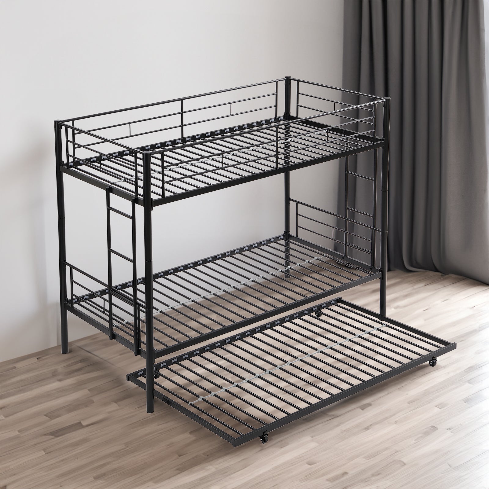 Twin bunk bed frame with trailer, metal bunk bed with sturdy guardrail and side ladder, can be divided into two beds, black eprolo