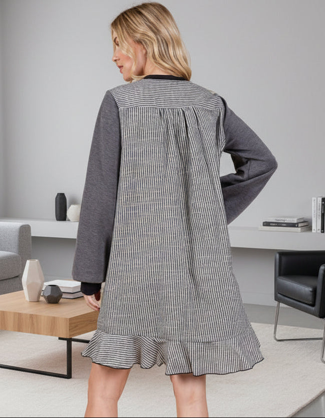 Ces Femme Striped Patchwork Round Neck Terry Sweatshirt Dress - Whispering Desires Shoppe