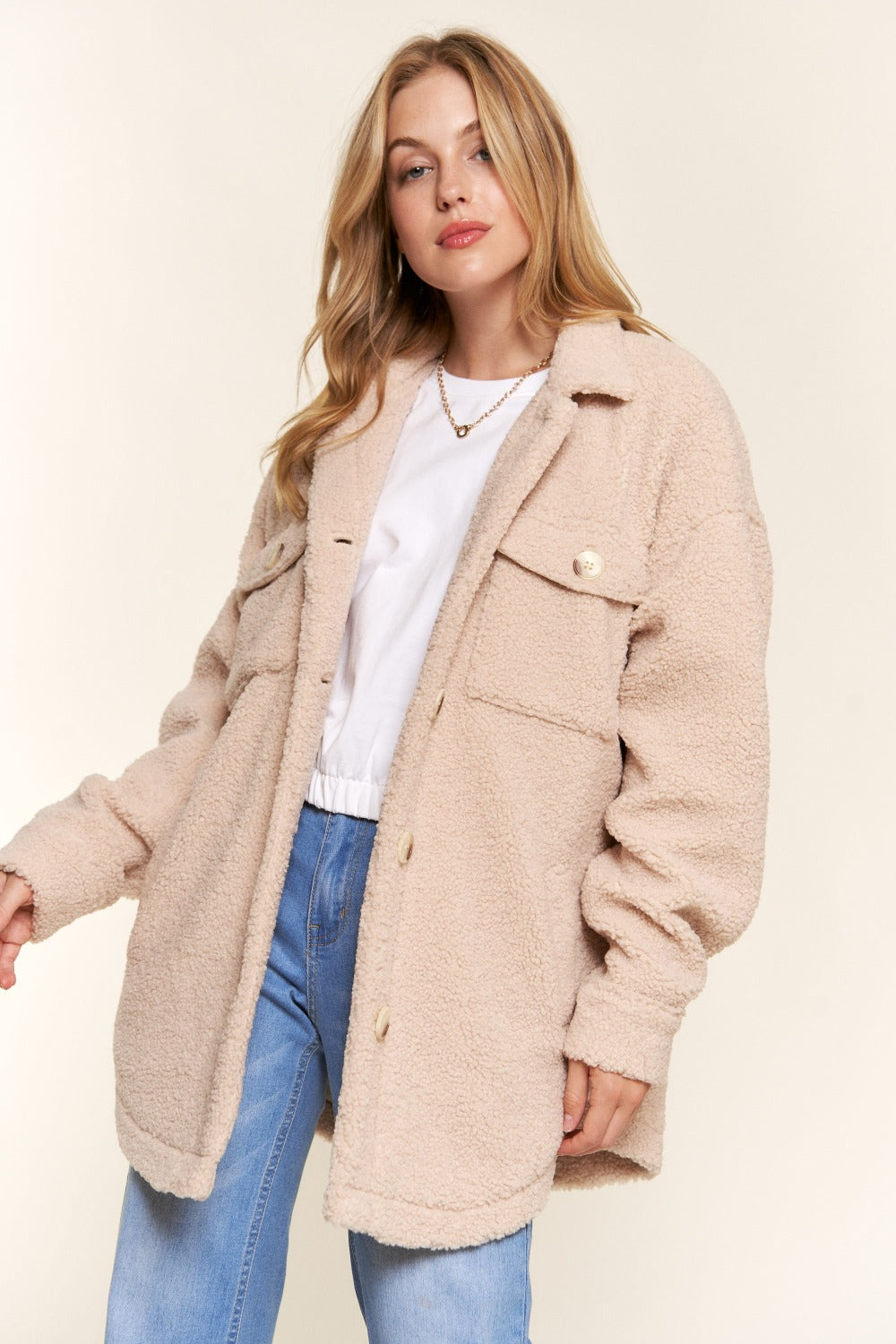 And The Why Teddy Sherpa Button Down Curved Hem Shacket - Whispering Desires Shoppe