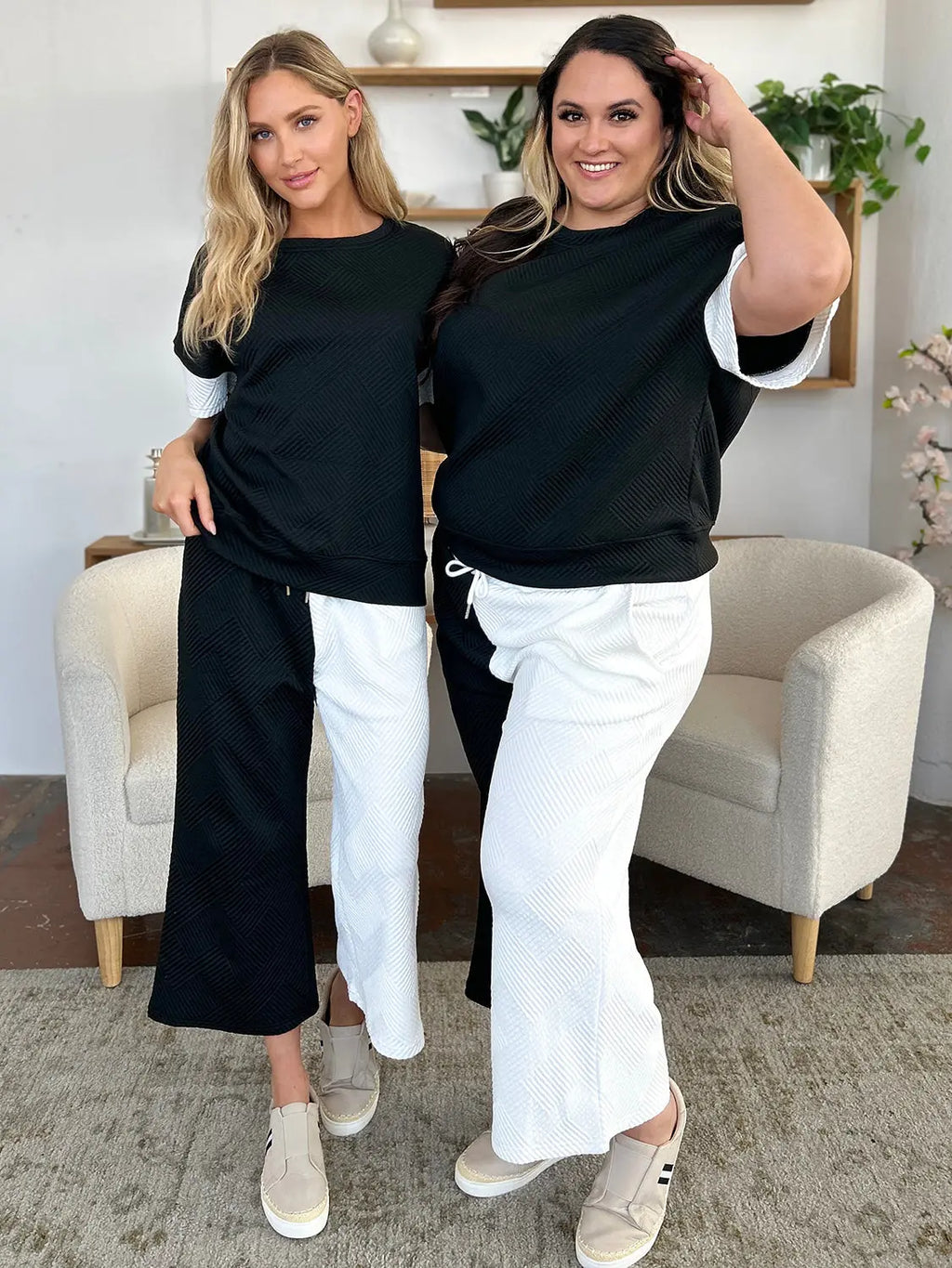 Double Take Texture Contrast Two-Piece Set — Wide Leg - Whispering Desires Shoppe