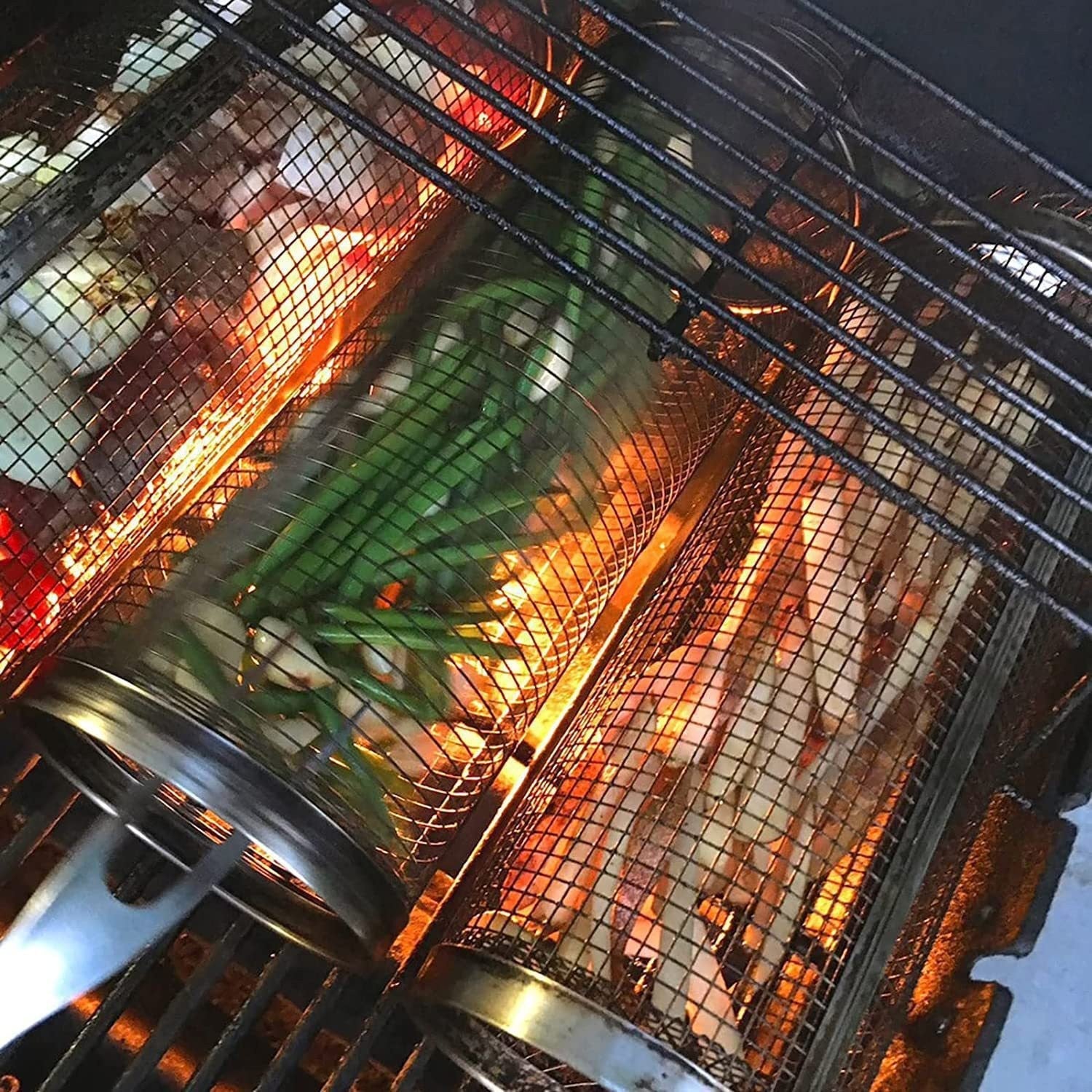Rolling Grilling Basket Metal BBQ Barbecue Basket Net Portable Outdoor Camping Barbecue Rack Kitchen Gadgets eprolo