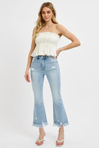 RISEN Full Size Raw Hem Distressed Cropped Flare Jeans Plus Size - Whispering Desires Shoppe