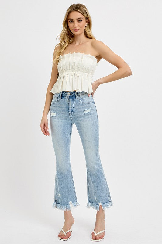 RISEN Full Size Raw Hem Distressed Cropped Flare Jeans Plus Size - Whispering Desires Shoppe