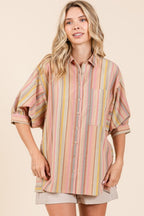 Mittoshop Striped Bubble Sleeve Button Down Shirt - Whispering Desires Shoppe