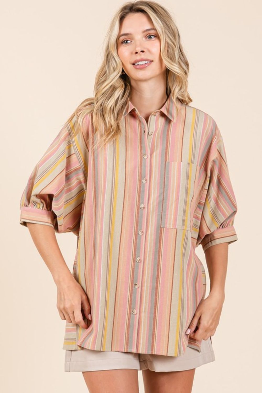 Mittoshop Striped Bubble Sleeve Button Down Shirt - Whispering Desires Shoppe