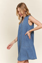 ADORA Notched Sleeveless Denim Dress with Pockets - Whispering Desires Shoppe
